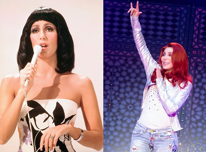 A side-by-side shows a young sher singing seriously while an older Cher sings with red hair and holding up the I love you sign.