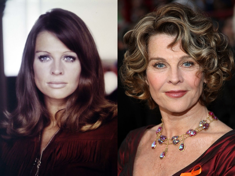 Julie Christie looks nearly the same in her youth as in a recent photo, both wearing a straight face.