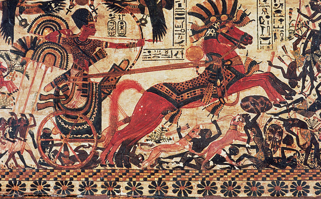 King Tut rising a chariot and firing a bow 