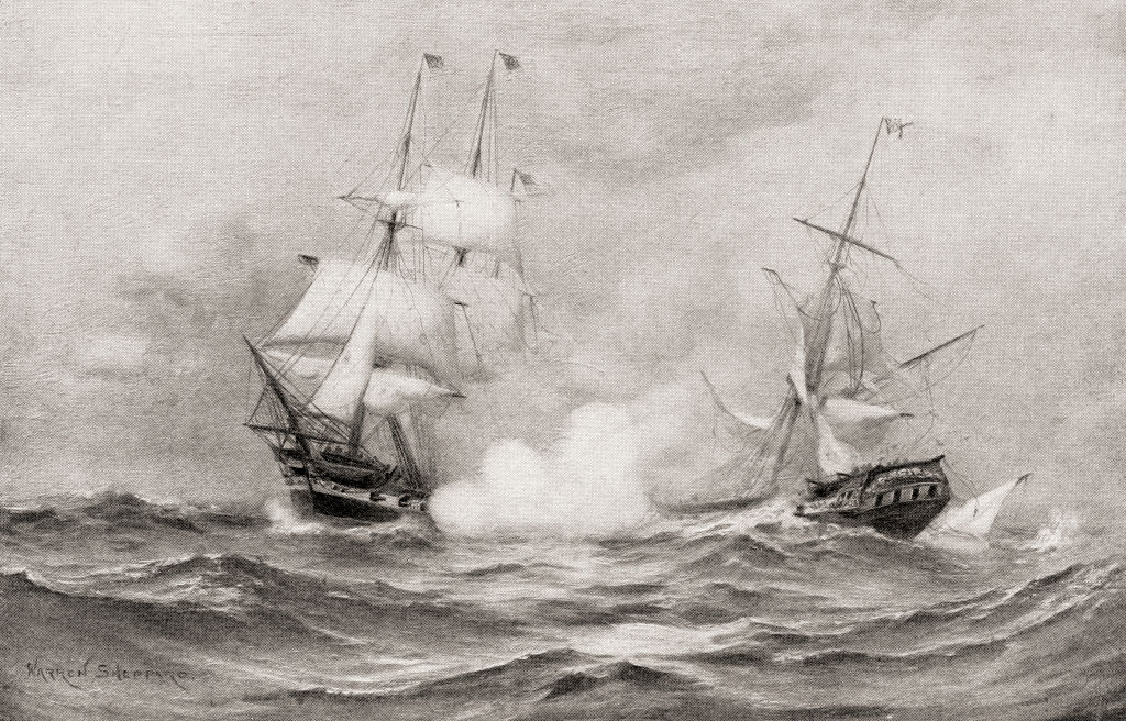 A drawing portrays the USS Constitution shaky at sea.