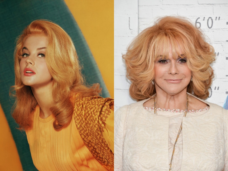 Young Ann-Margret leans forward with her mouth parted for a publicity still next to older Ann-Margret, who smiles at an event and still dyes her hair strawberry blonde.
