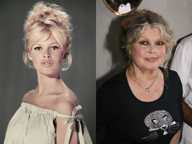 Brigitte Bardot wears her hair up in both her youth and later in life, when her blonde-hair grayed.