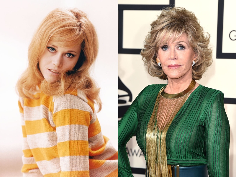Young Jane Fonda poses playfully next to an image of older Jane looking seriously in a green dress at an event.