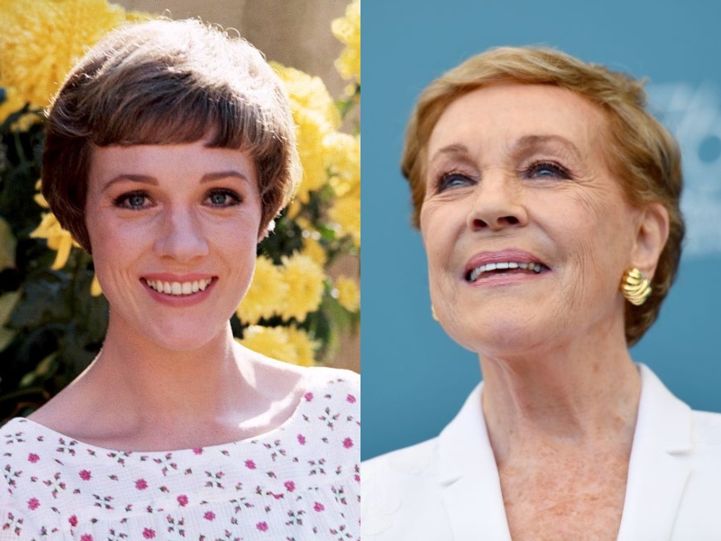 Young Julie Andrews smiles in front of yellow flowers next to and older Andrews who looks up with a smile.