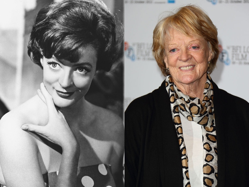 Young Maggie Smith smiles in black and white beside an older Maggie Smith at a film festival.