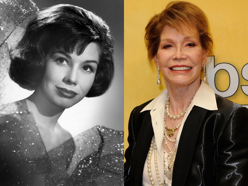 A black and white photo shows young Mary Tyler Moore next to a colored photo of her older and smiling.