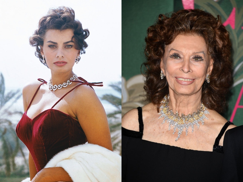 Young Sofia wears a straight face and diamond jewelry next to an older, smiling Sofia, still in dazzling jewelry.
