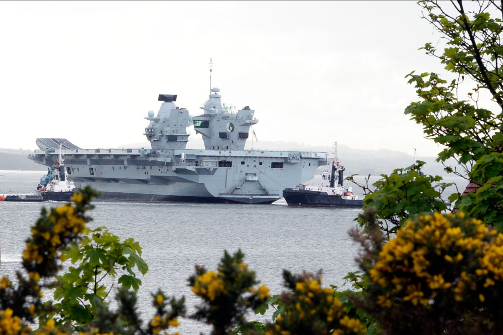 The HMS Queen Elizabeth sails beyond a bushes with flowers.