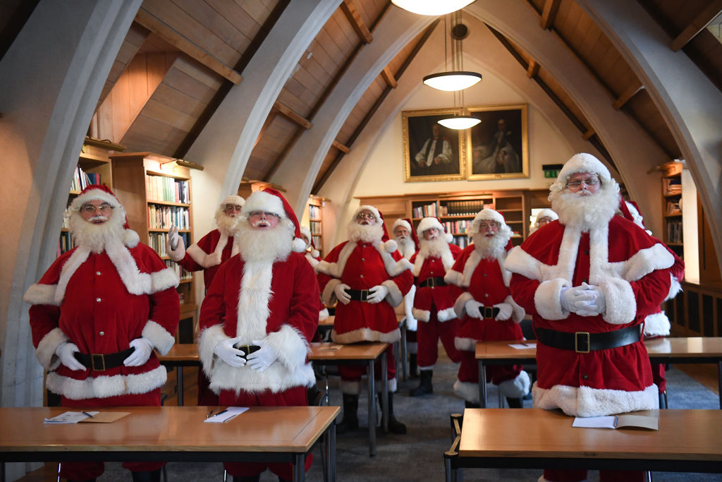 Santas in a classroom 