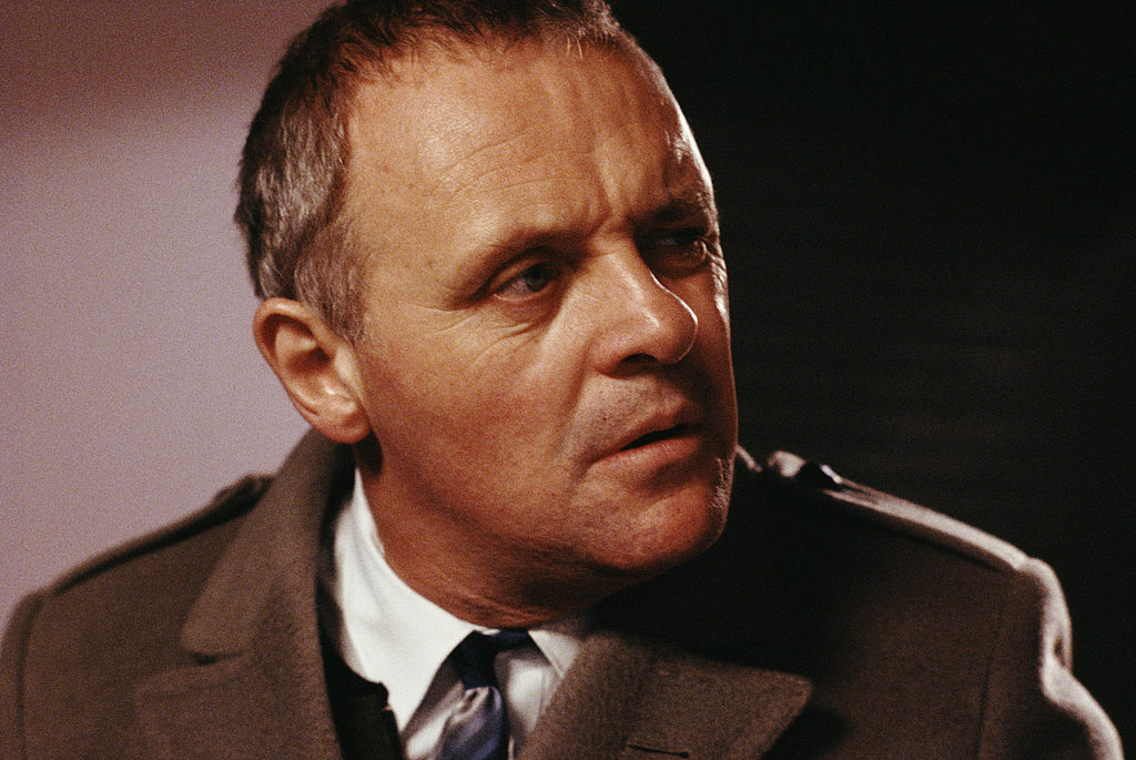 Anthony Hopkins looks serious in a movie still.