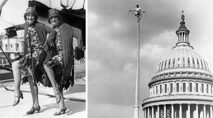 someone flagpole sitting and people doing the Charleston