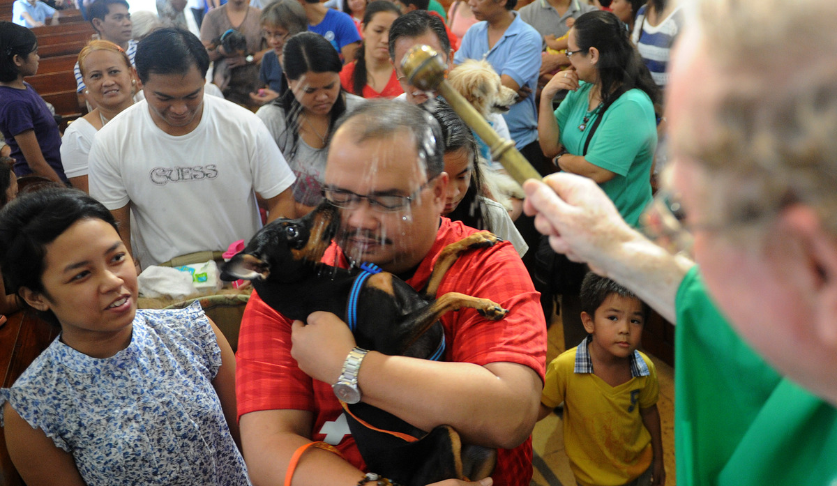 A Roman Catholic priest blesses a man's dog with holy water.
