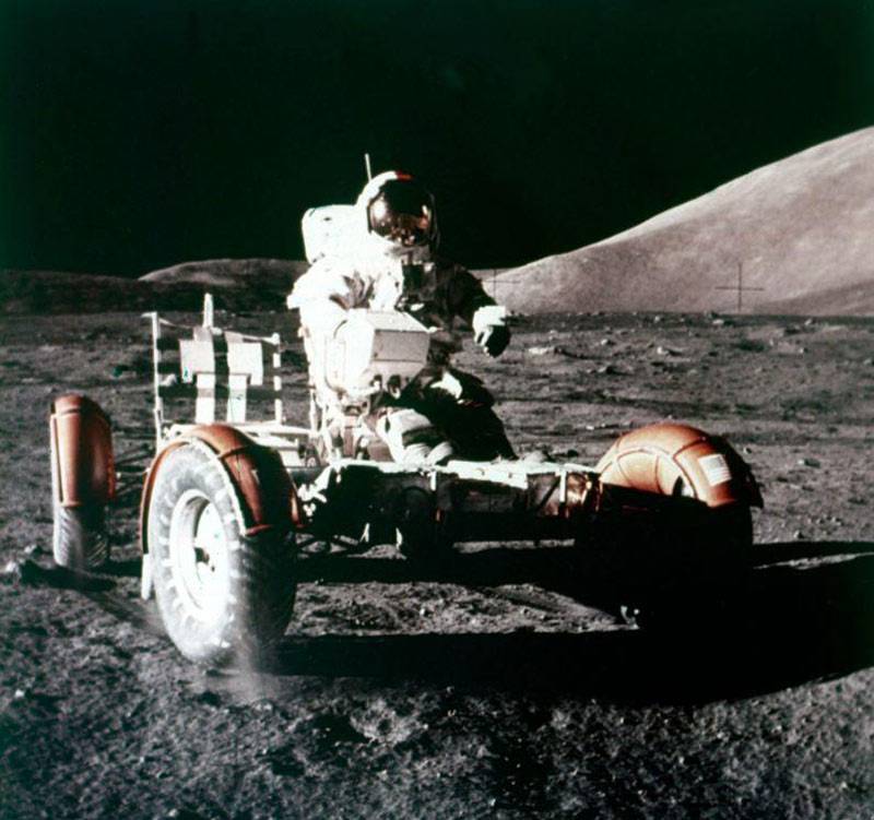 Eugene Cernan using the Rover on the lunar surface, Apollo 17 mission, December 1972