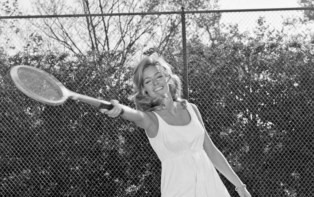 Fawcett posing for a tennis portrait