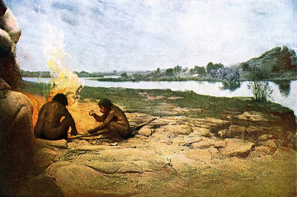 Prehistoric men by fire 