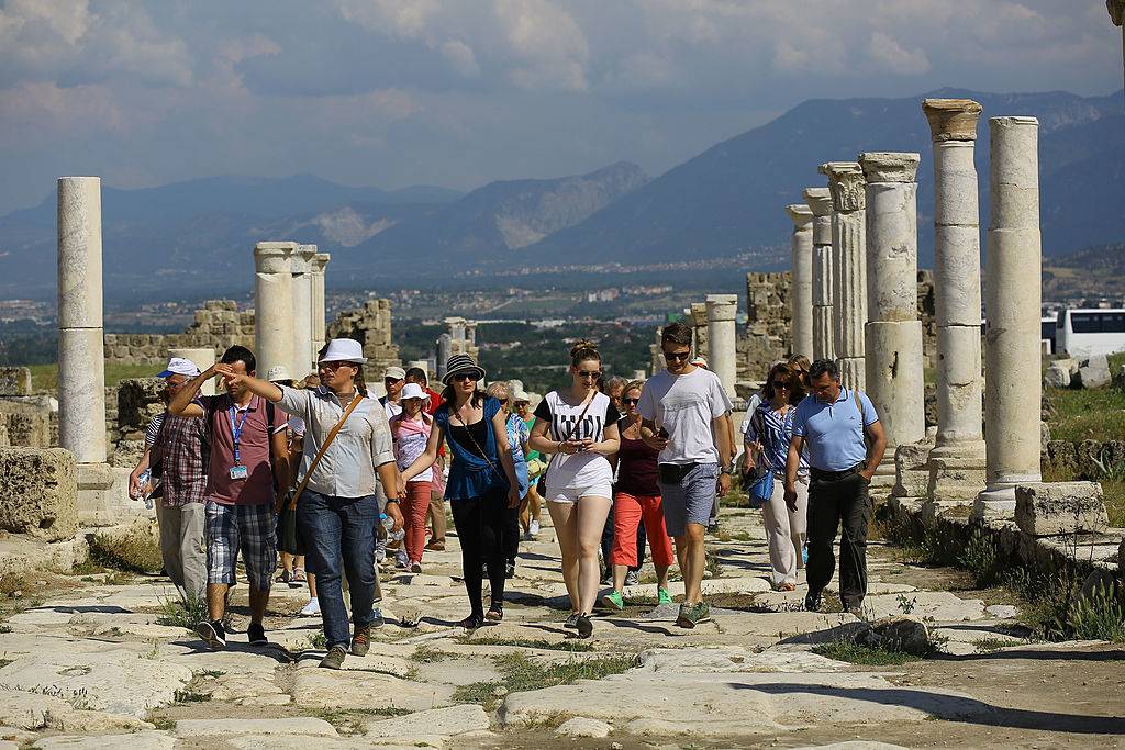 Tourists walking through the city