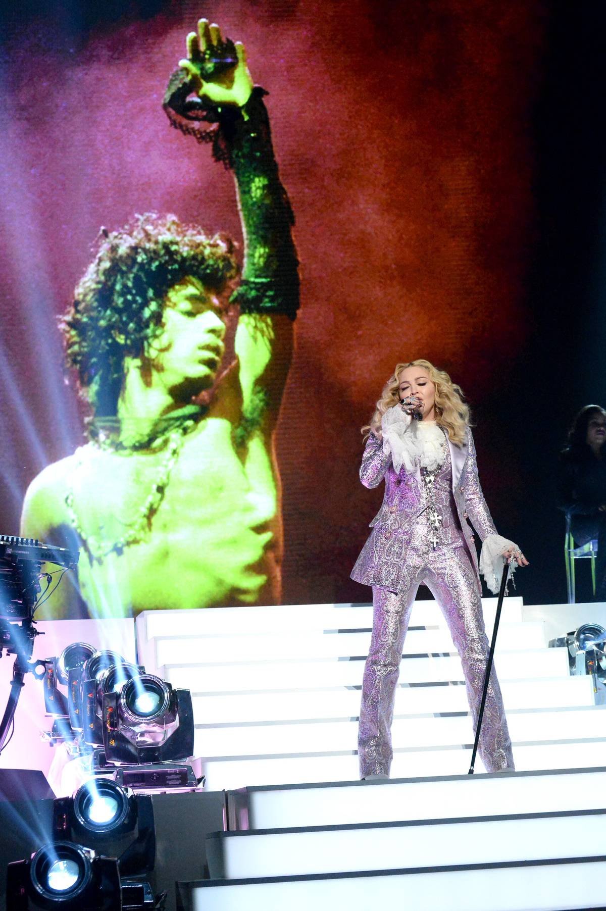 Recording artist Madonna performs a tribute to Prince onstage.