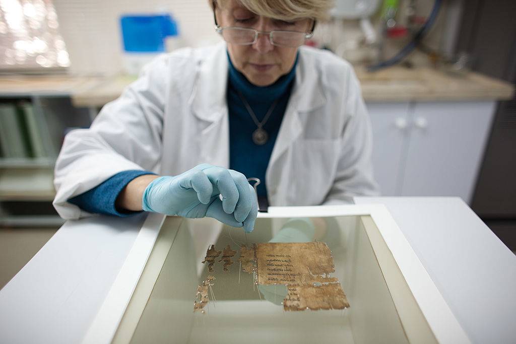 Woman studying the scrolls 