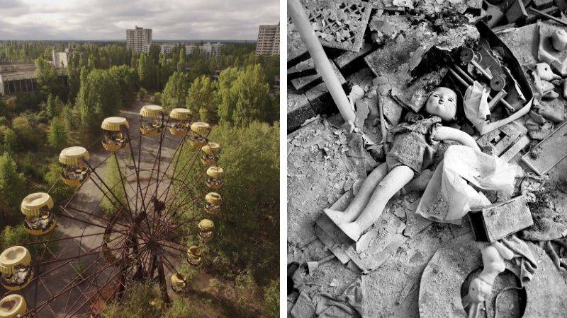 top shot of ferris wheel and photo of doll amongst rubble