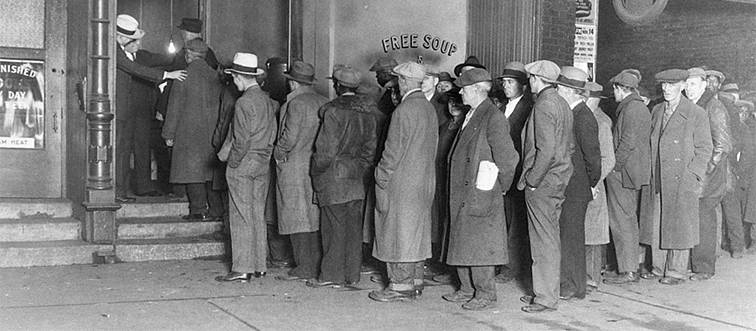 men stand outside to find a job during the great depression