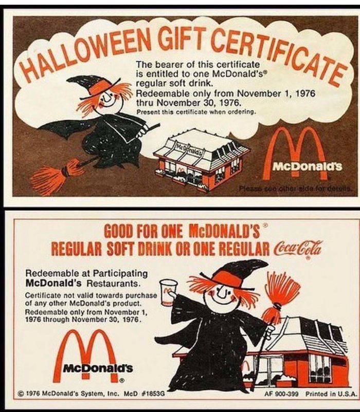 halloween gift certificate from Mcdonalds for a free drink