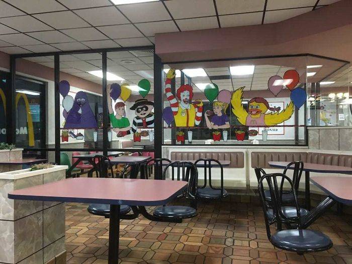 mcdonalds dining room with stickers on walls