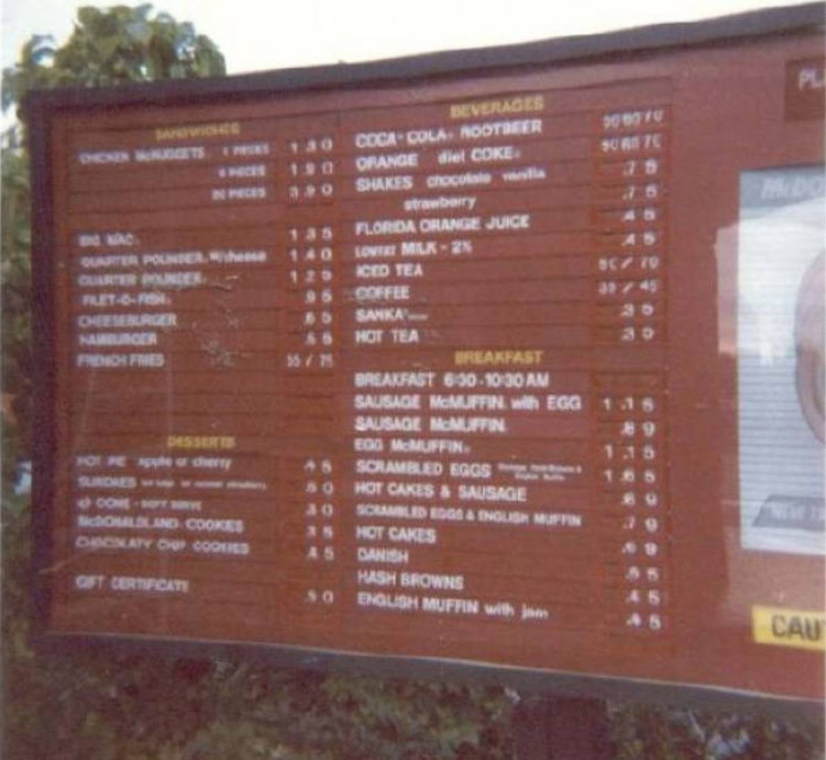 drive thru menu photographed in 80s
