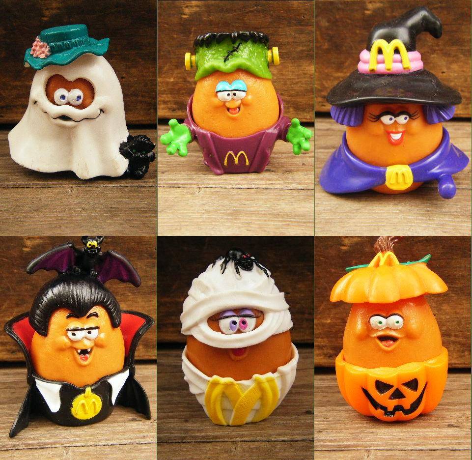 chicken nugget toys dressed in Halloween costumes