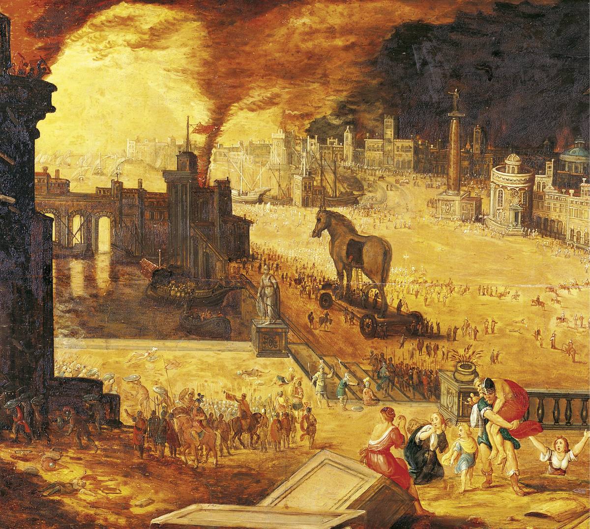 painting depicts The Siege of Troy, 17th century. Found in the collection of Musée des Beaux-Arts, Blois