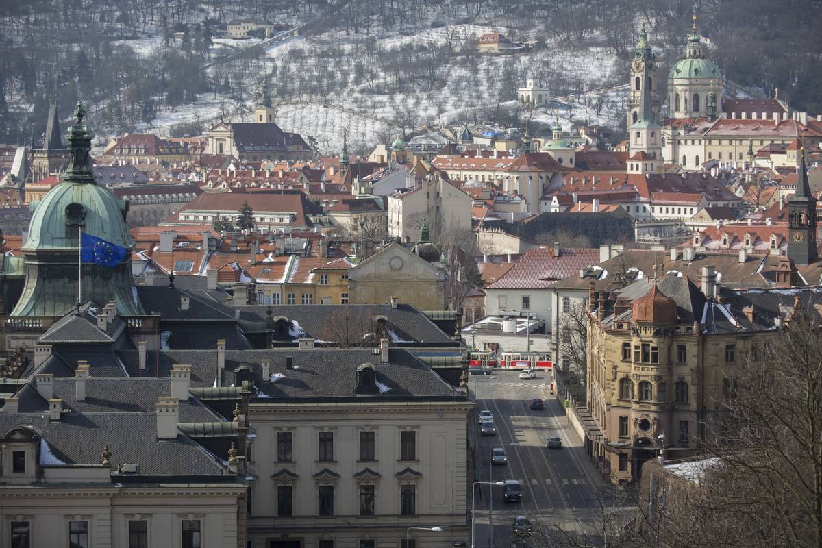 An aerial shows the city Prague.