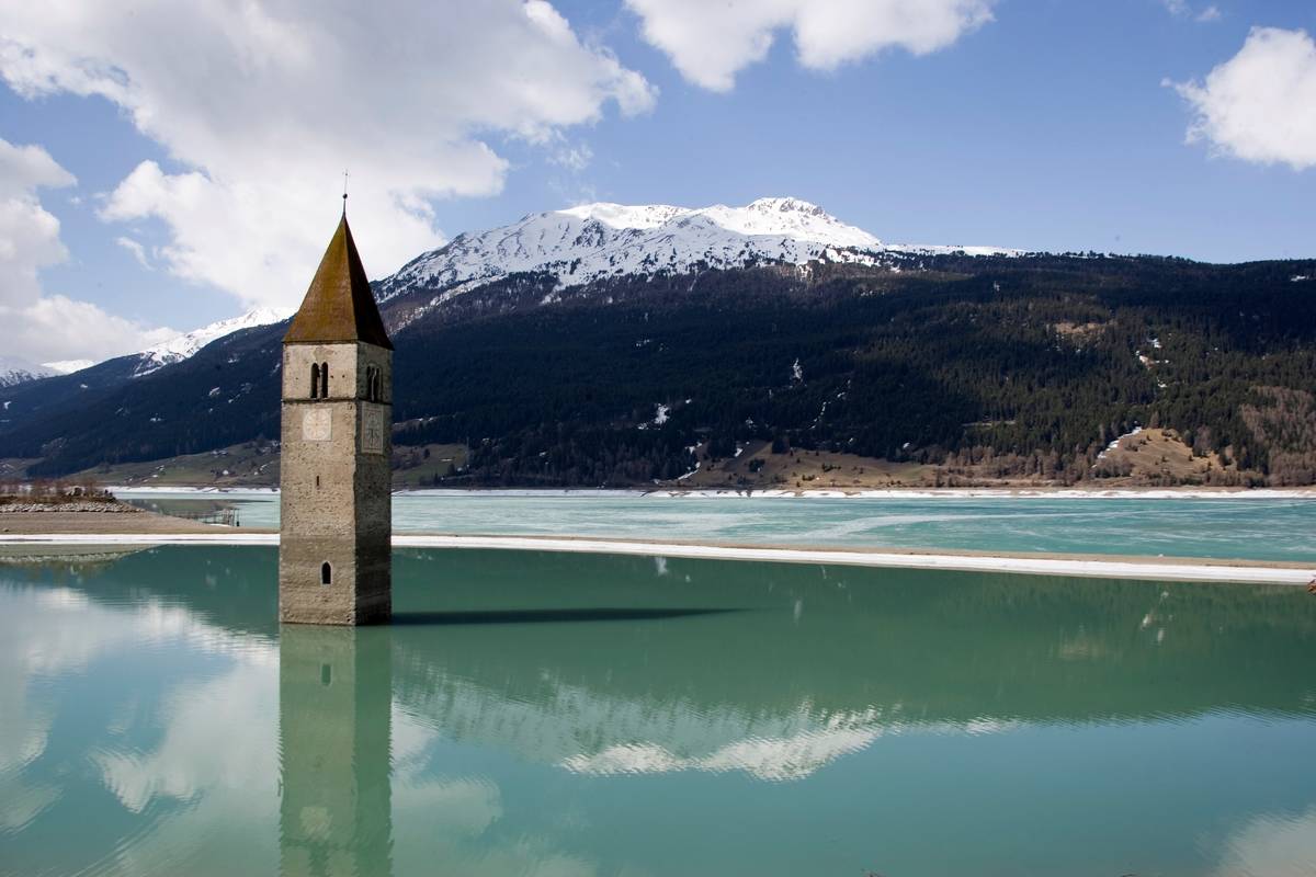 south tyorl italy lake reschen bell tower