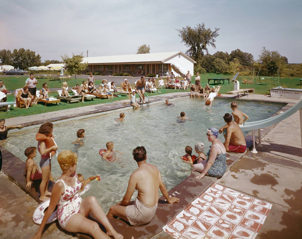 Crowded pool at Resort in the Catskills.
