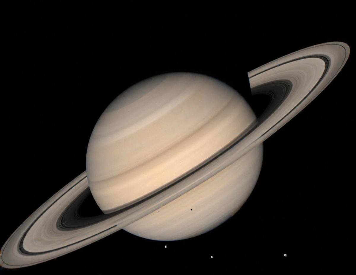 a true color photo of Saturn assembled from Voyager 2 spacecraft