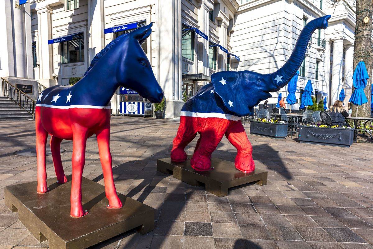 Democratic Mule and Republican Elephant statues symbolize American 2-part Political system