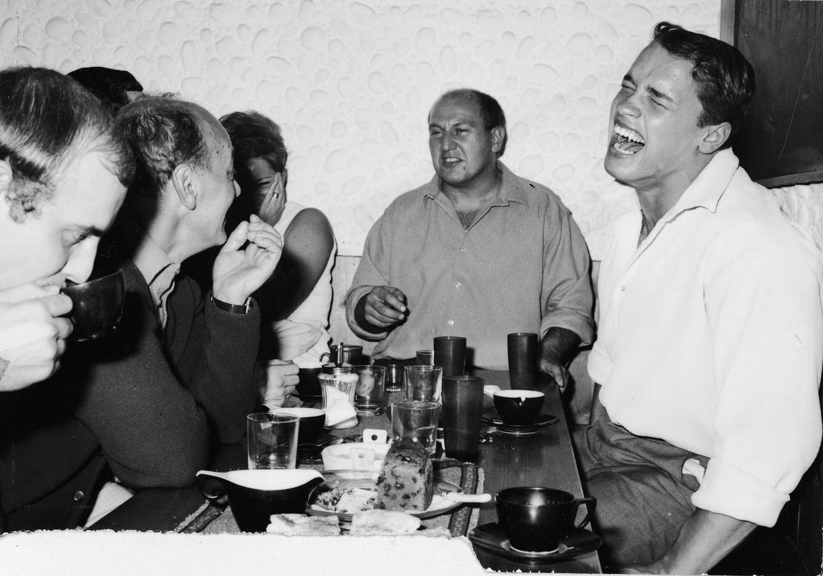 Schwarzenegger eating after winning a competition