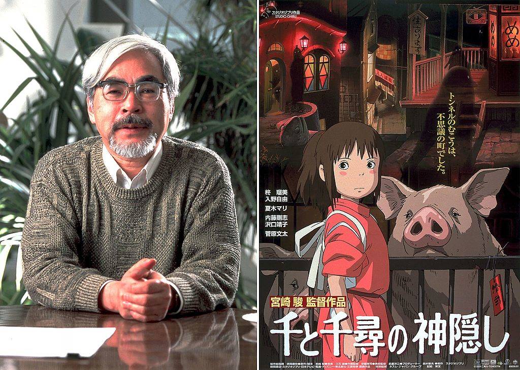 hayao miyazaki with a japanese still of spirited away