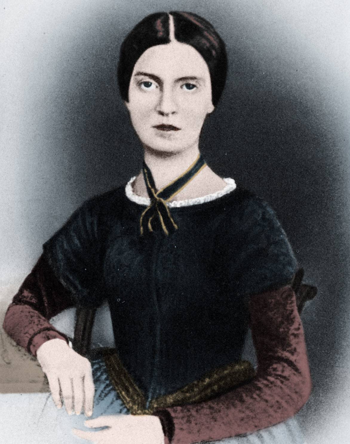 A colored portrait shows Emily Elizabeth Dickinson, circa 1846.