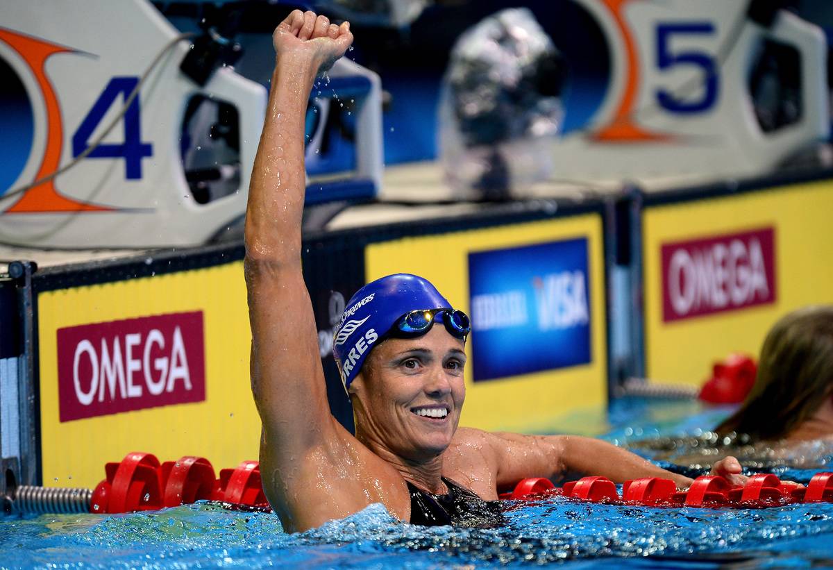 Dara Torres celebrates at the 2012 U.S. Olympic Swimming Team Trials.