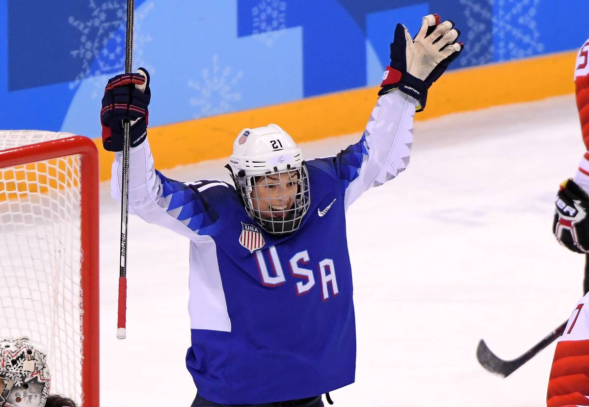 Hilary Knight celebrates after scoring a powerplay goal against Canada.