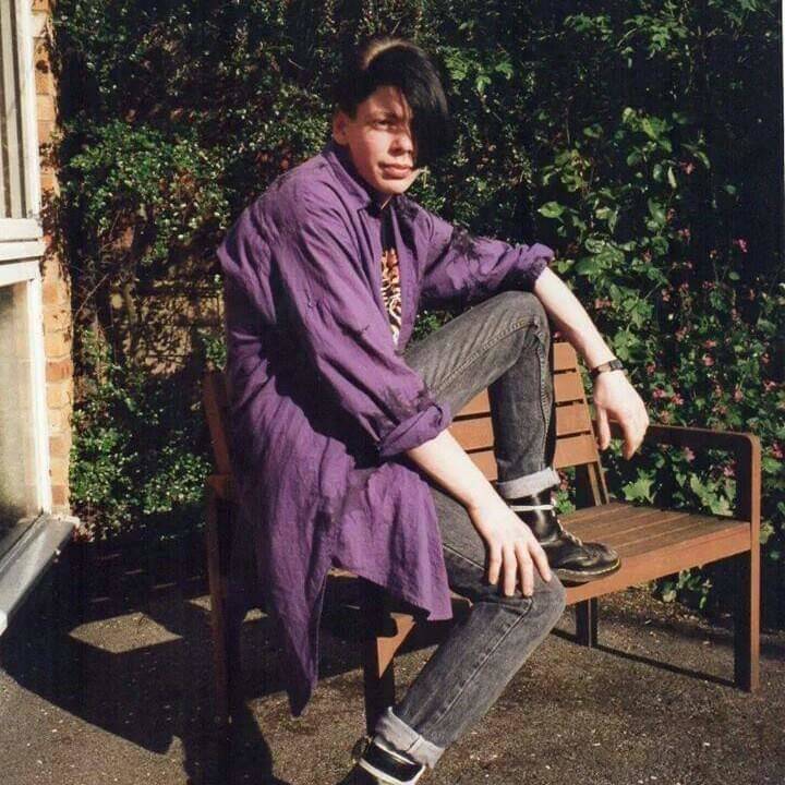 POSING ON TINY BENCH in purple buttonup