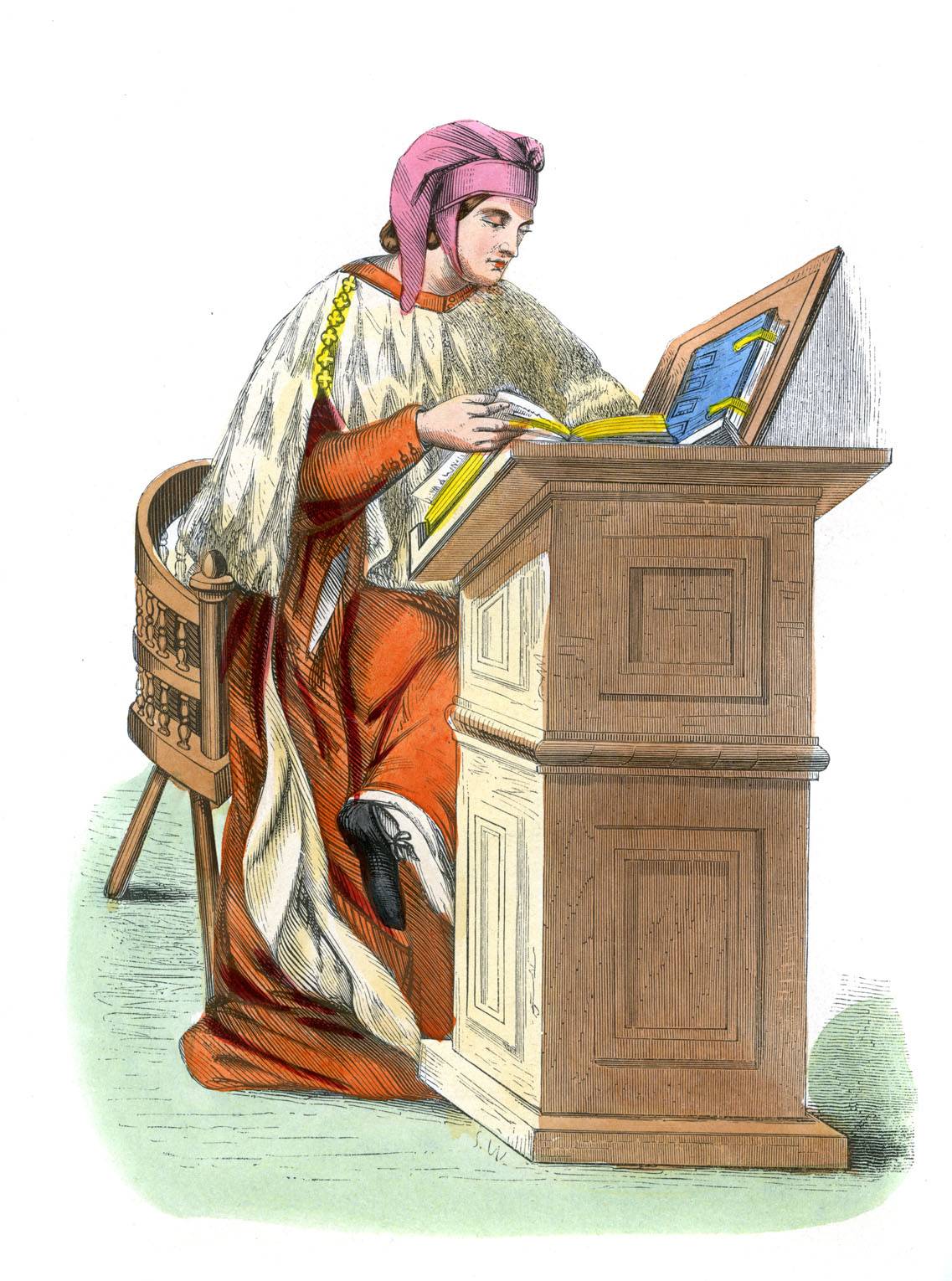 In this 1947 illustration, a medieval student studies in Italy.
