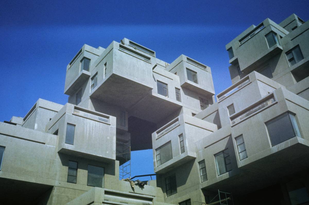 The Habitat 67 apartments in Montreal are pictured from the ground floor.