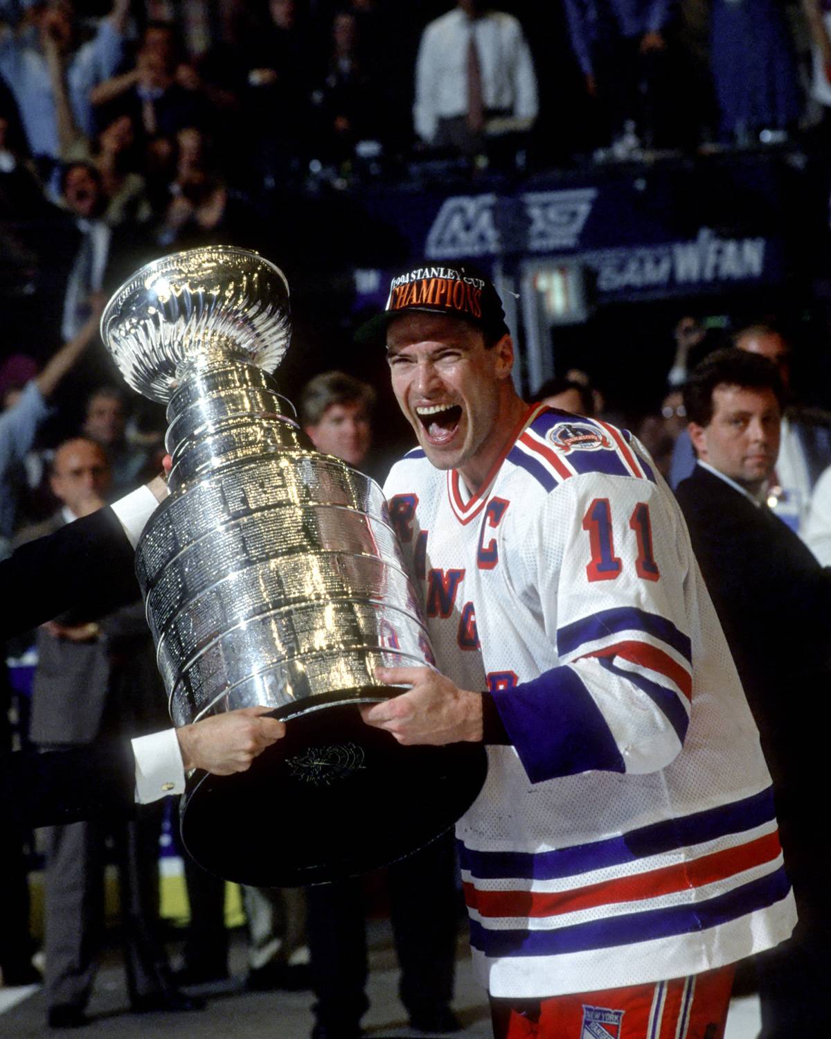 Mark Messier holds the Stanley Cup.