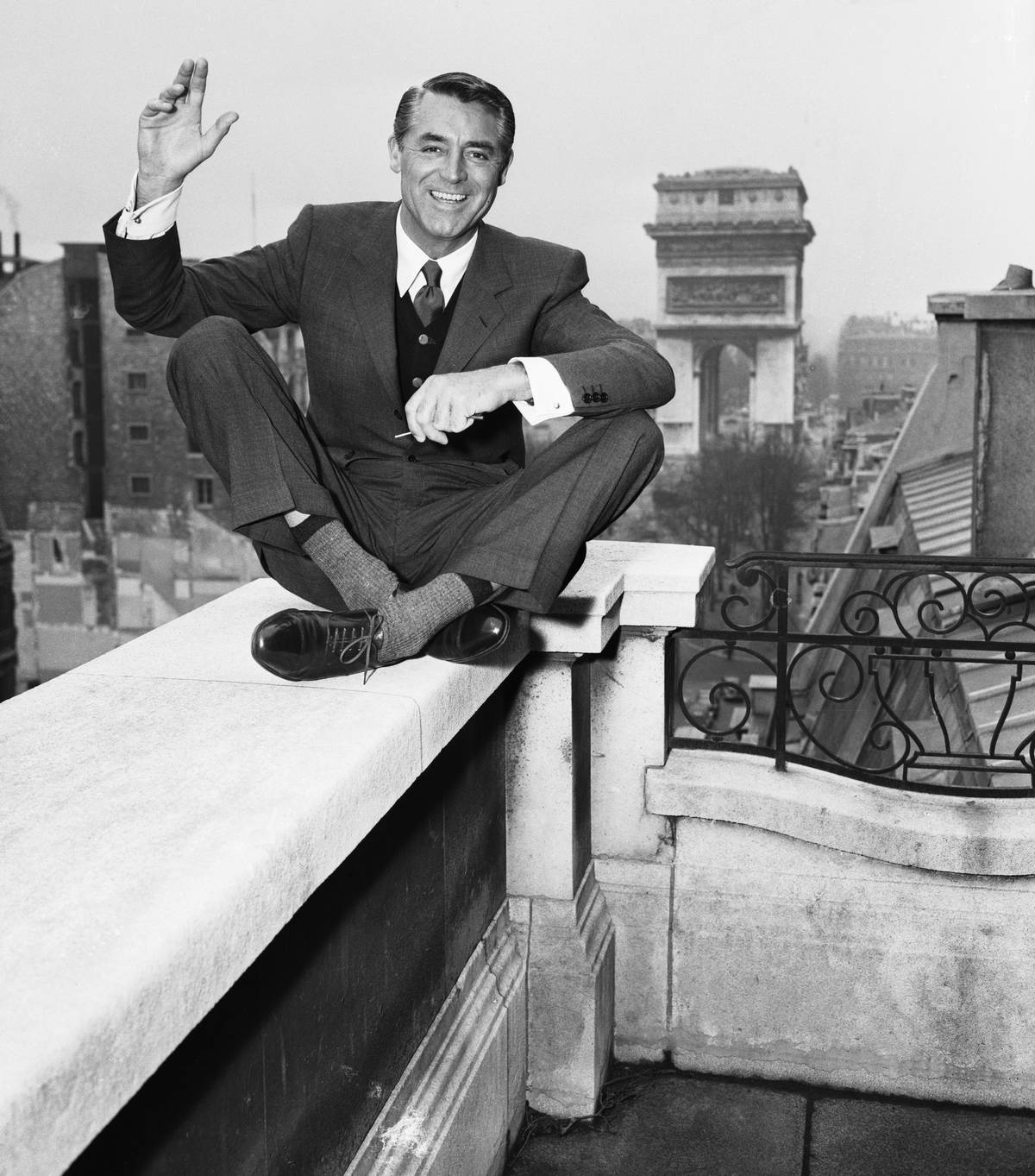 Actor Cary Grant on Balcony in Paris