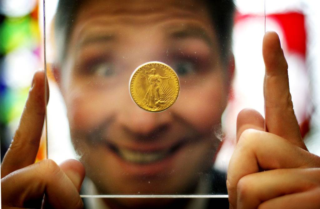 Tim Banks from the Dublin Mint office holding the 1933 Double Eagle