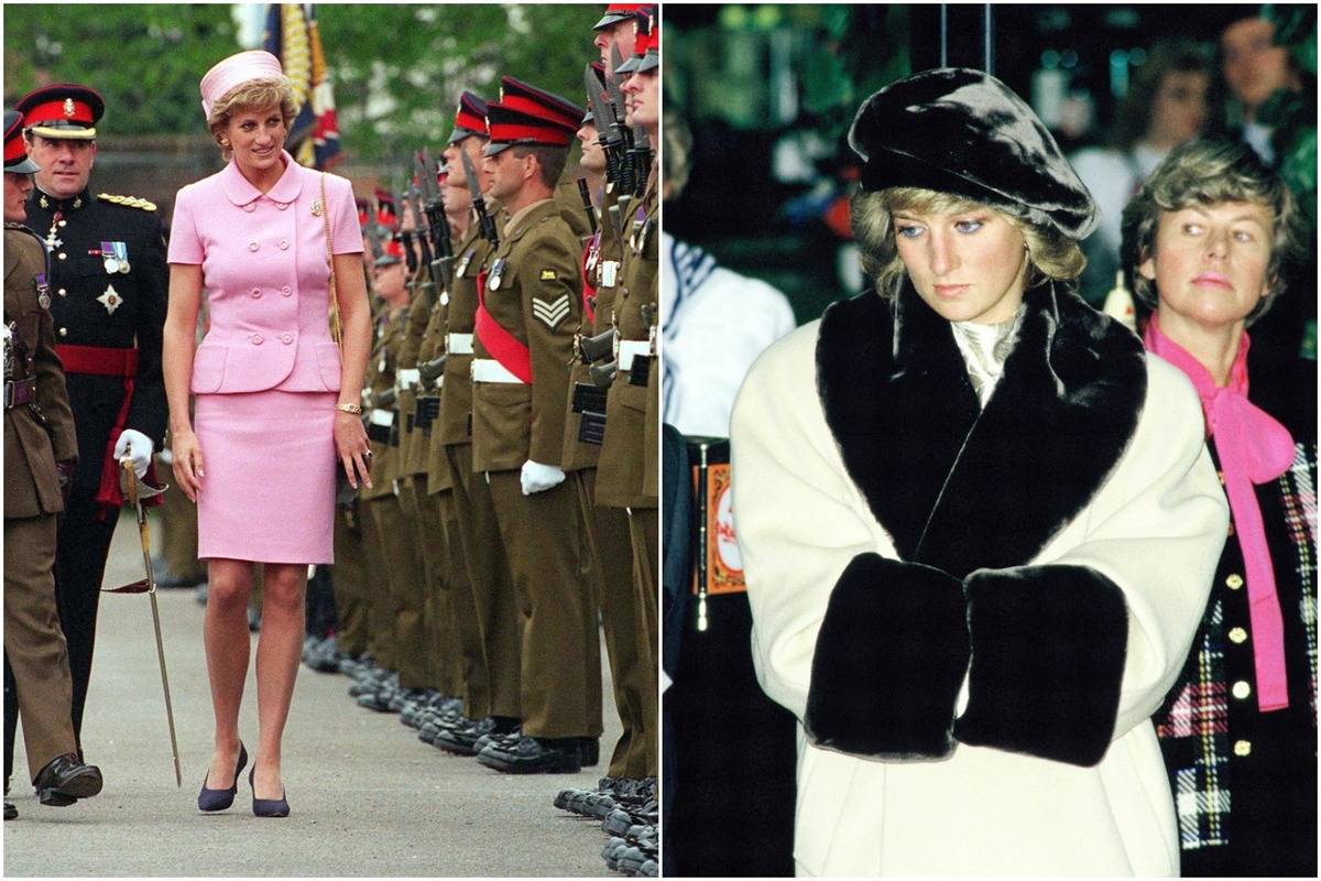 On the left, Diana wears a pink suit and pillbox hat; on the right, she wears a black beret.
