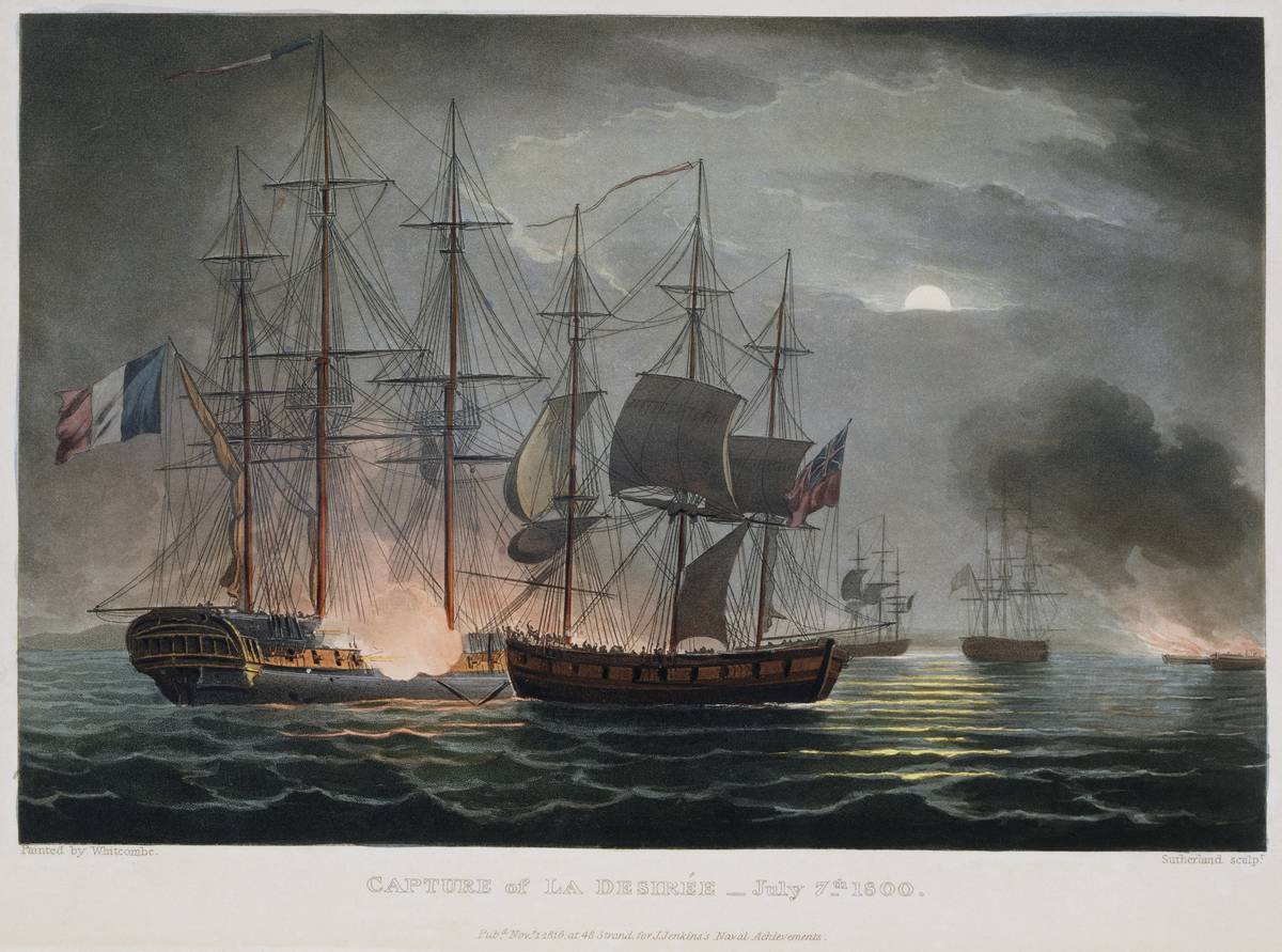 A painting by Thomas Whitcombe shows French ships at war.