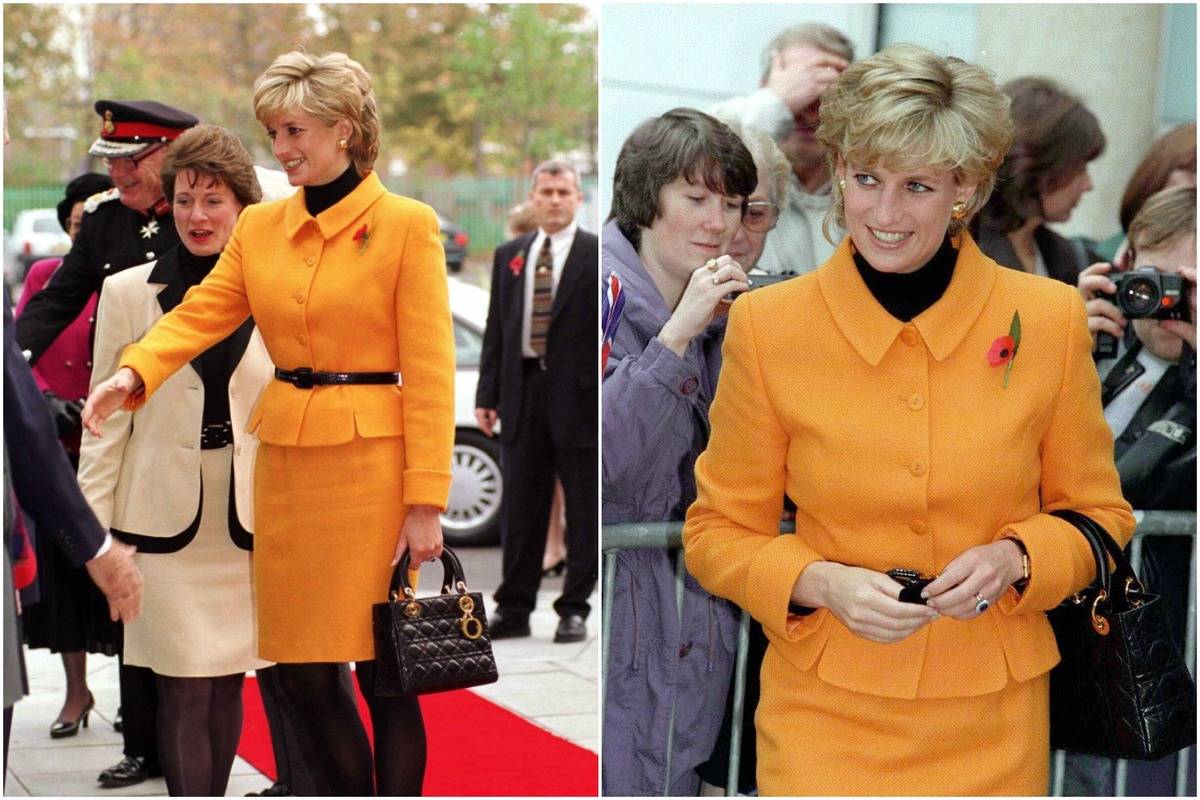 Diana wears an orange suit jacket and skirt to the Liverpool Women's Hospital in 1995.