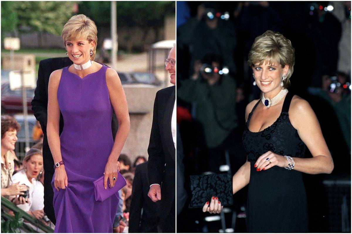 Two photos show Diana wearing large, glittery chokers with dresses.
