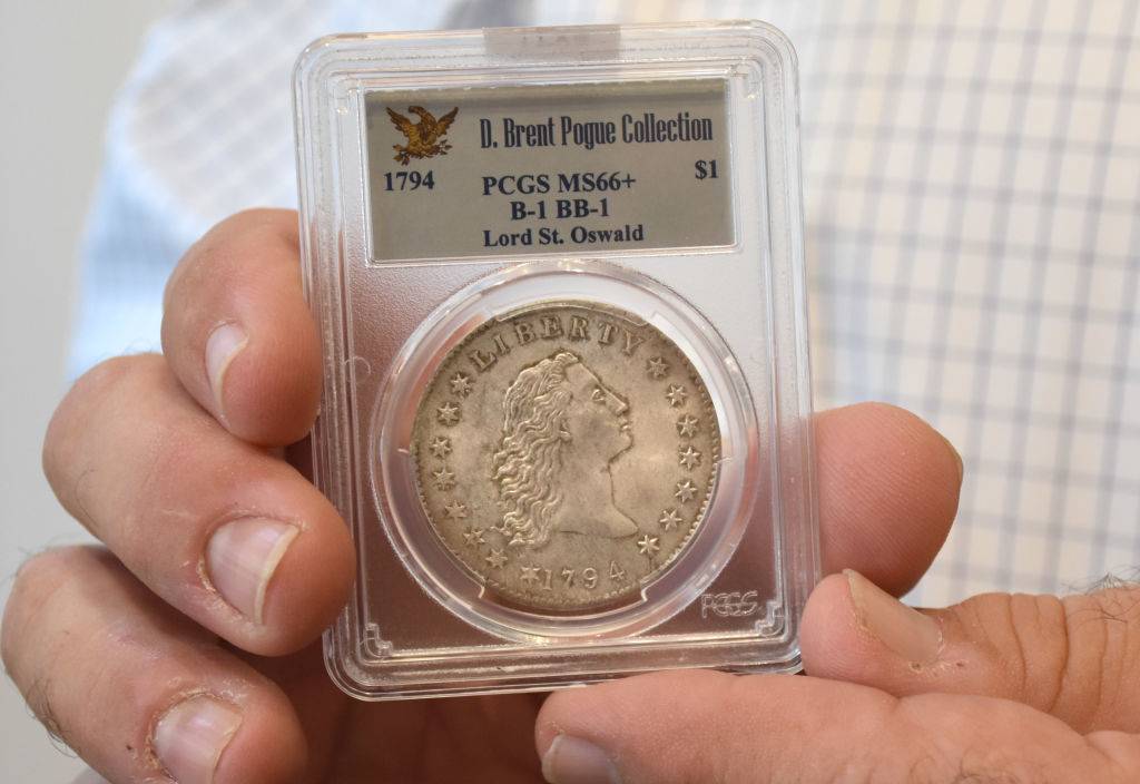 The coin dealer Lawrence Stack presents a so called 'Flowing Hair' silver dollar from 1794